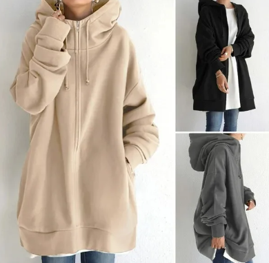 Übergröße-Kapuzenpullover – lang – Baggy – Reißverschluss-Kapuzenpullover – Damen-Kapuzenpullover