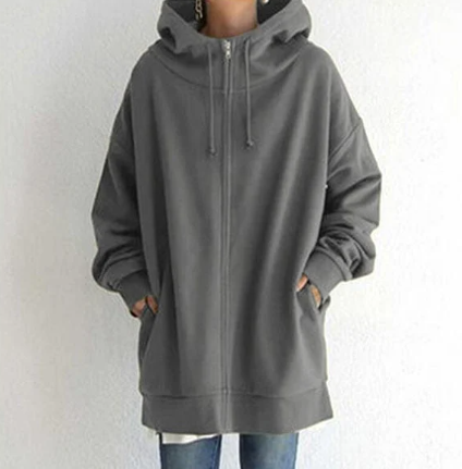 Übergröße-Kapuzenpullover – lang – Baggy – Reißverschluss-Kapuzenpullover – Damen-Kapuzenpullover