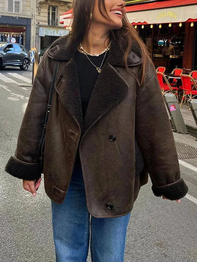 Übergroße Lederjacke – Vintage – Winter – Fleece-gefütterte Lederjacke – Damenjacke