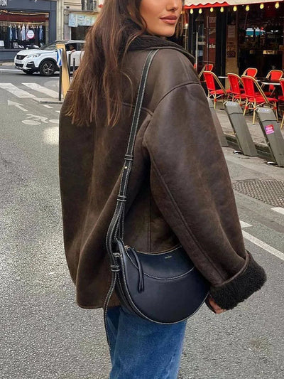 Übergroße Lederjacke – Vintage – Winter – Fleece-gefütterte Lederjacke – Damenjacke