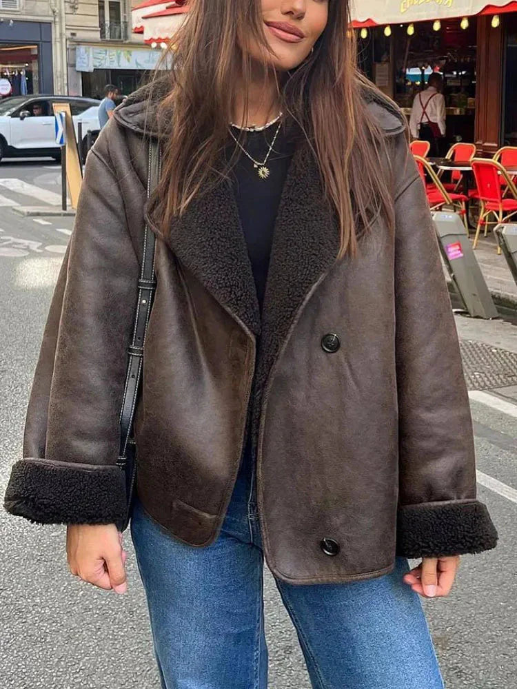 Übergroße Lederjacke – Vintage – Winter – Fleece-gefütterte Lederjacke – Damenjacke