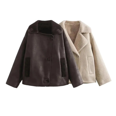 Übergroße Lederjacke – Vintage – Winter – Fleece-gefütterte Lederjacke – Damenjacke
