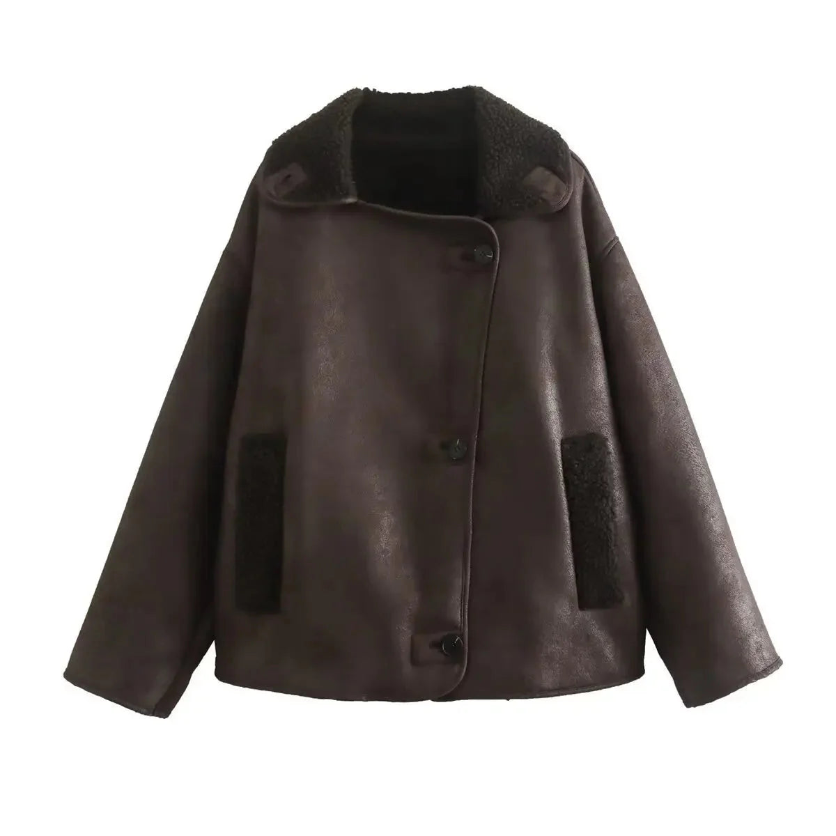 Übergroße Lederjacke – Vintage – Winter – Fleece-gefütterte Lederjacke – Damenjacke