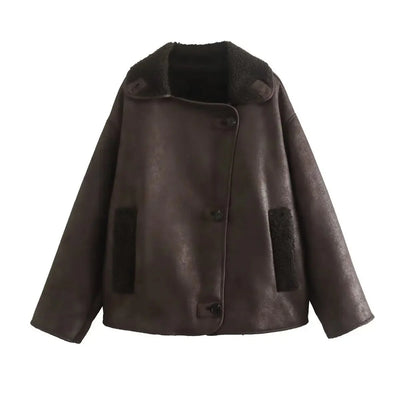 Übergroße Lederjacke – Vintage – Winter – Fleece-gefütterte Lederjacke – Damenjacke