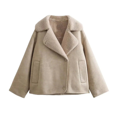 Übergroße Lederjacke – Vintage – Winter – Fleece-gefütterte Lederjacke – Damenjacke