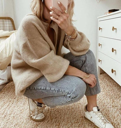 Übergroße Strickjacke | Beige | Zum Zuknöpfen | Strickjacke | Damen-Strickwaren