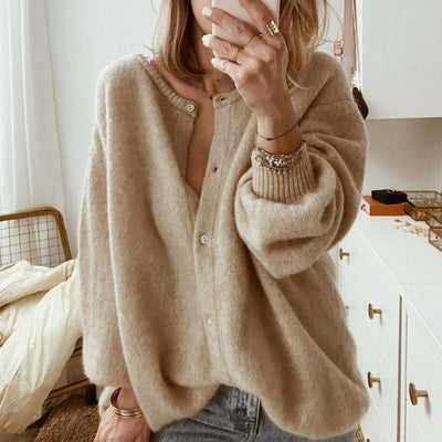 Übergroße Strickjacke | Beige | Zum Zuknöpfen | Strickjacke | Damen-Strickwaren