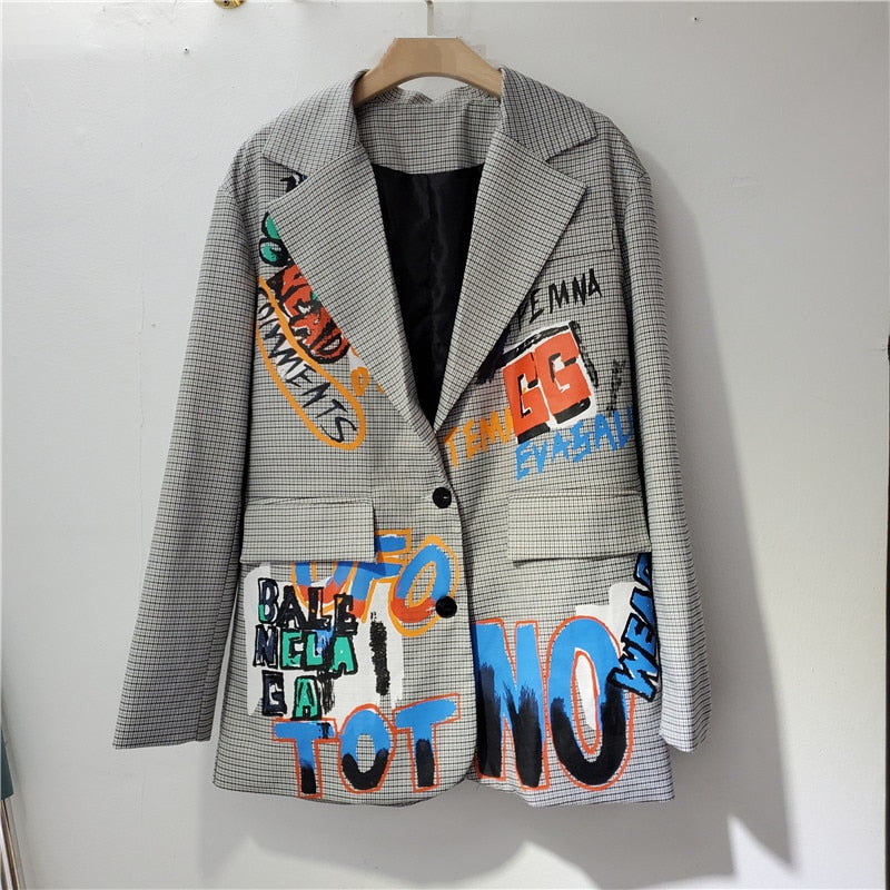 Übergroßer Blazer | Grau | Bedruckt | Blazerjacke | Damenblazer