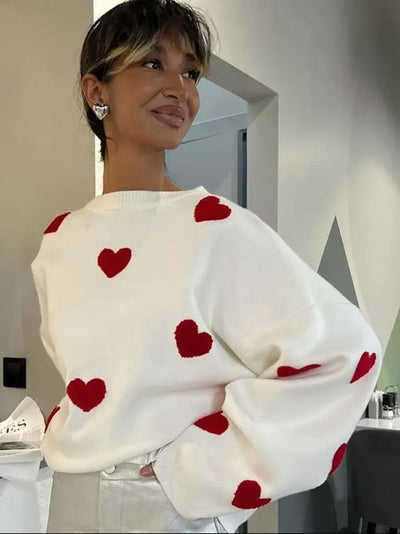 Übergroßer Pullover – Herz-Print – Kuscheliger Pullover – Damenbekleidung