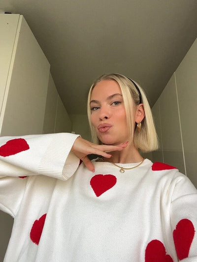Übergroßer Pullover – Herz-Print – Kuscheliger Pullover – Damenbekleidung