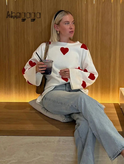 Übergroßer Pullover – Herz-Print – Kuscheliger Pullover – Damenbekleidung