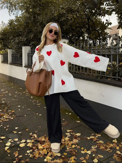 Übergroßer Pullover – Herz-Print – Kuscheliger Pullover – Damenbekleidung