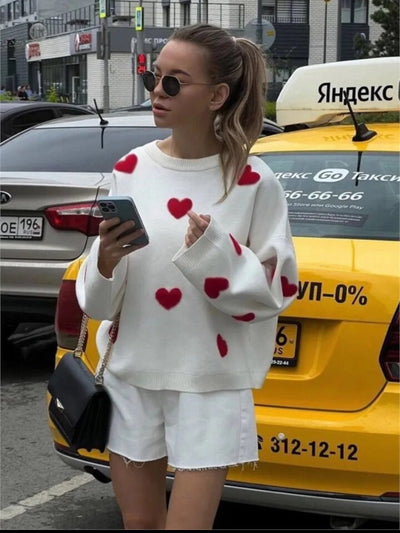 Übergroßer Pullover – Herz-Print – Kuscheliger Pullover – Damenbekleidung
