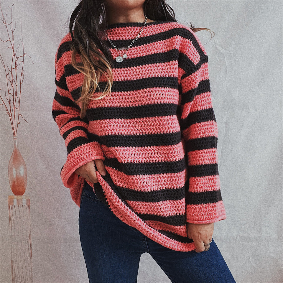 Übergroßer Pullover – kuscheliger, gestreifter Strickpullover für Damen für den Winter