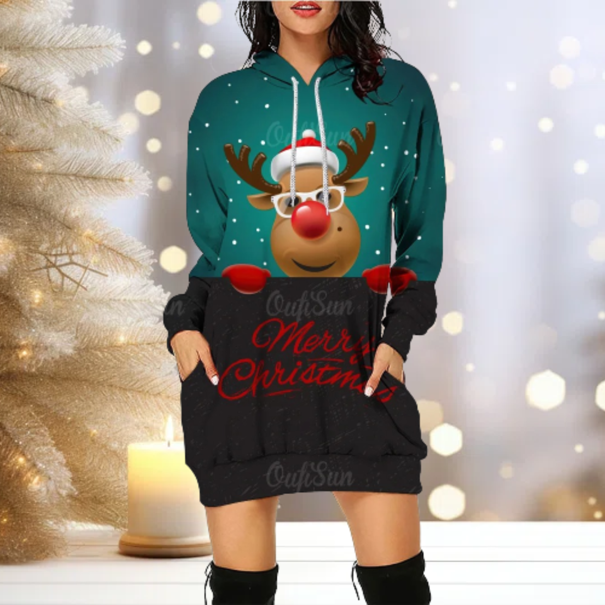 Weihnachts-Kapuzenpulli - Gemütlich - Rentier - Kapuzenpulli - Damen Weihnachtspullover