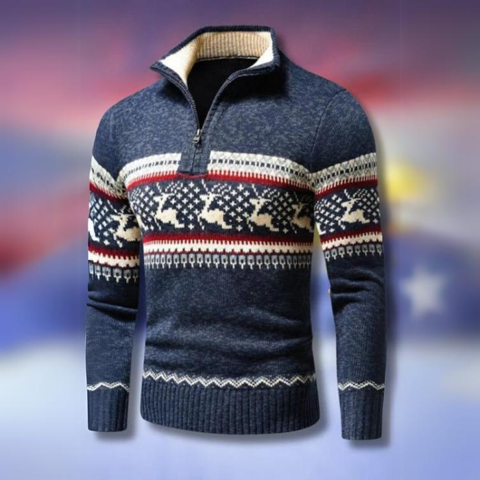 Weihnachts-Pullover | Halb-Reißverschluss | Rentier | Strickpullover | Herrenpullover