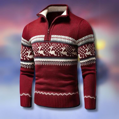 Weihnachts-Pullover | Halb-Reißverschluss | Rentier | Strickpullover | Herrenpullover