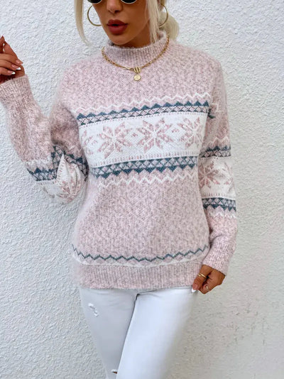 Weihnachts-Pullover | Hoher Kragen | Schneeflocke | Strickpullover | Winterkleidung für Damen