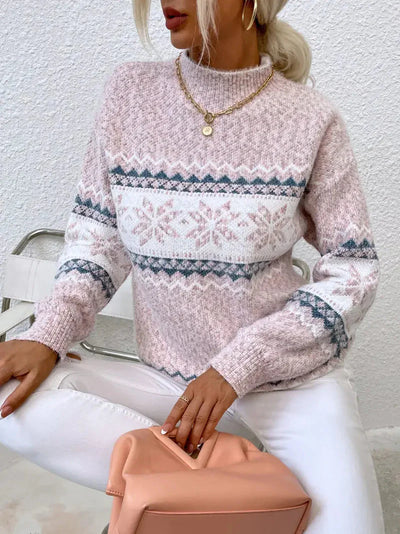 Weihnachts-Pullover | Hoher Kragen | Schneeflocke | Strickpullover | Winterkleidung für Damen