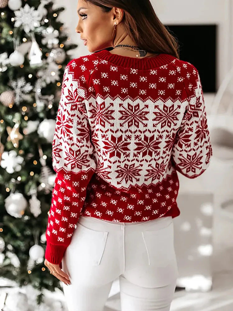 Weihnachts-Pullover | Rundhalsausschnitt | Schneeflocke | Strickpullover | Winterkleidung für Damen