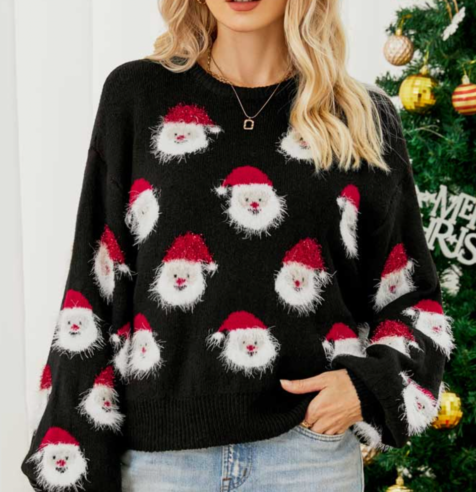 Weihnachts-Pullover | Weihnachtsmann | Langarm | Hässlicher Weihnachtspulli | Damen-Strickwaren