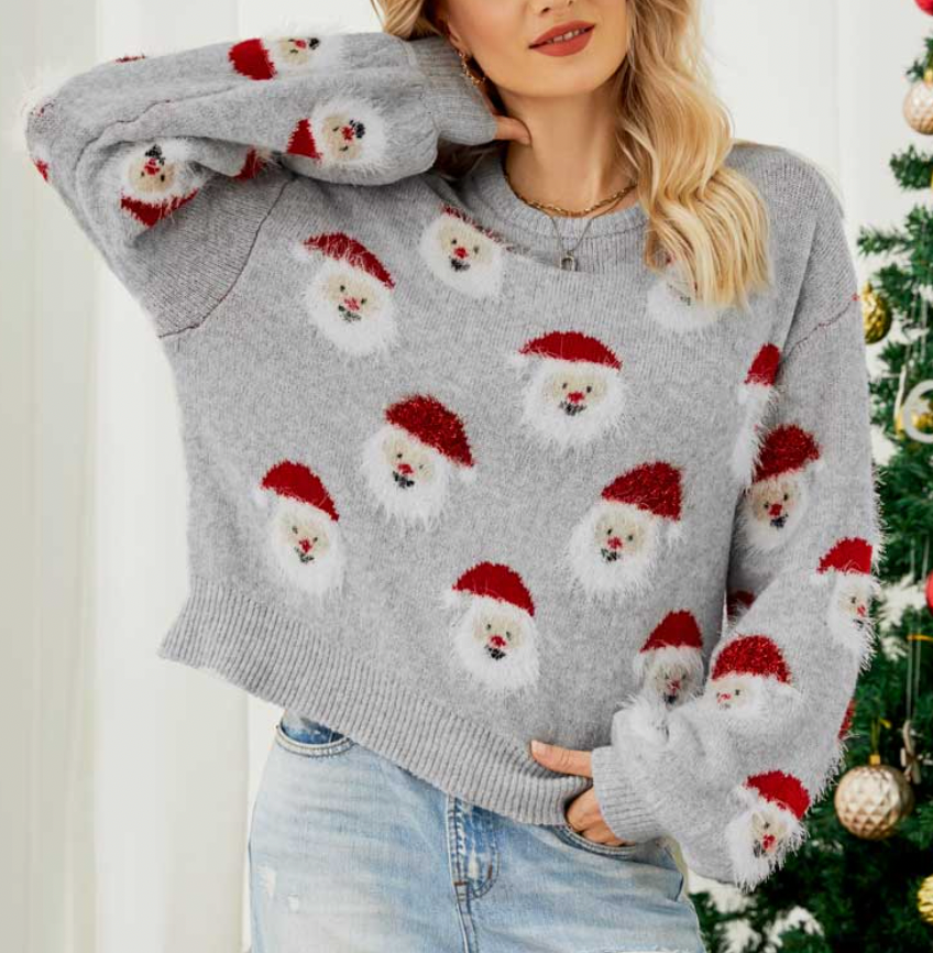 Weihnachts-Pullover | Weihnachtsmann | Langarm | Hässlicher Weihnachtspulli | Damen-Strickwaren