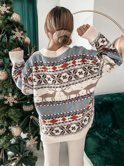 Weihnachts - Pullover mit übergroßem Rundhalsausschnitt und Strickmuster