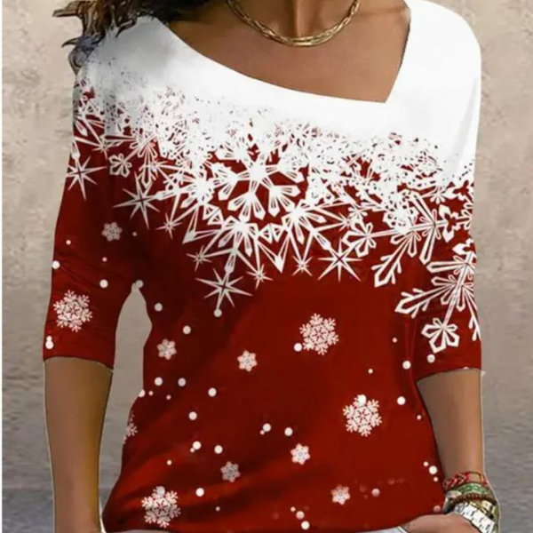 Weihnachts-Pullover – rote Langarm-Bluse mit Schneeflockenmuster für Damen