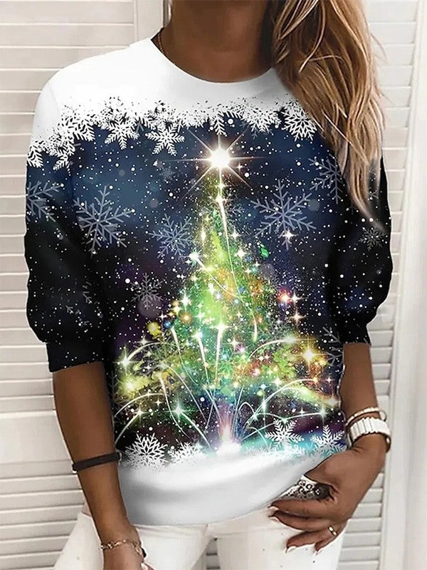 Weihnachts-Sweatshirt – Langarm-Pullover für Damen mit Schneeflocken-Weihnachtsbaum