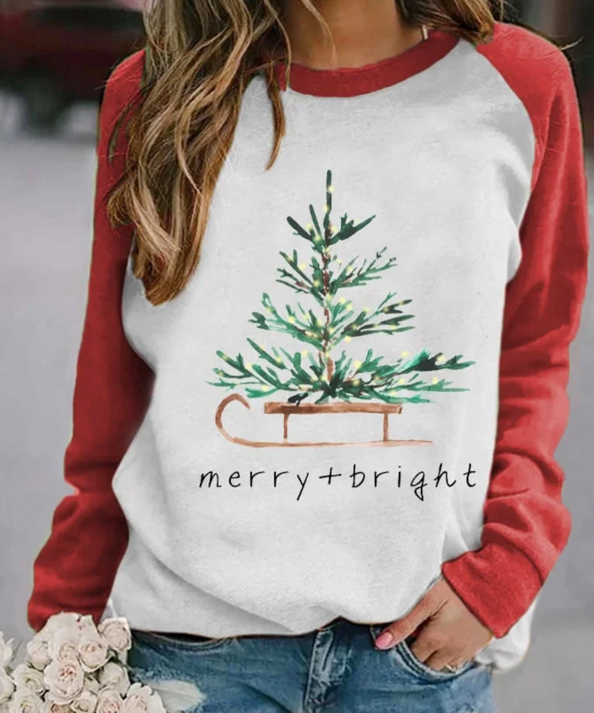 Weihnachts-Sweatshirt – Langärmliger Pullover mit Rundhalsausschnitt für Damen mit Weihnachtsbaum-Motiv