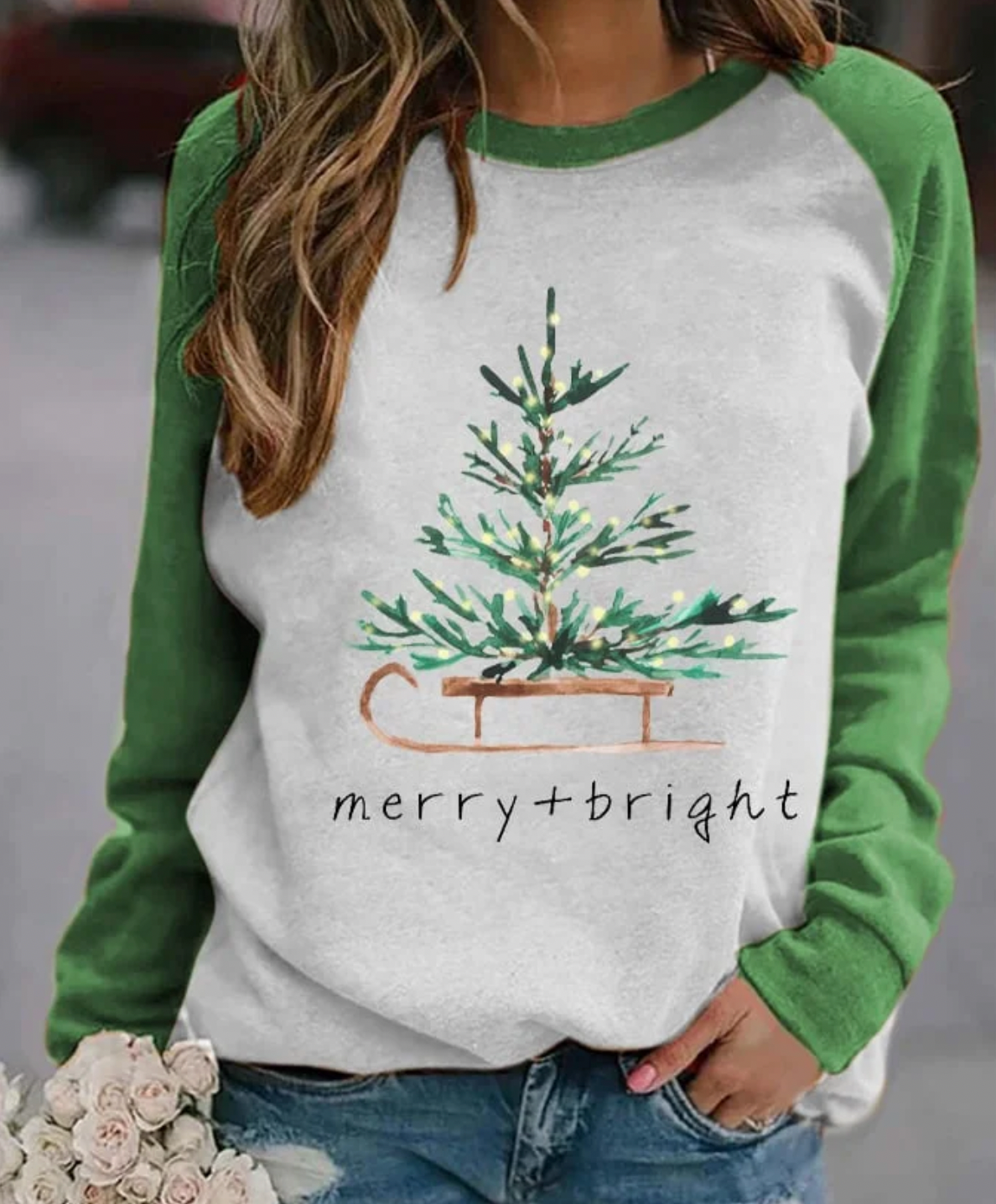 Weihnachts-Sweatshirt – Langärmliger Pullover mit Rundhalsausschnitt für Damen mit Weihnachtsbaum-Motiv