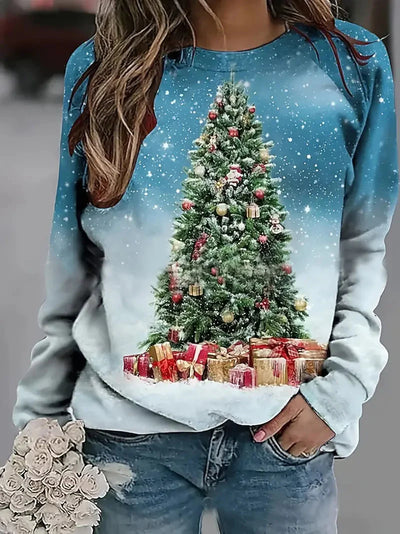 Weihnachts-Sweatshirt – Pullover mit Rundhalsausschnitt, lockerer Passform und Weihnachtsbaum-Print für Damen