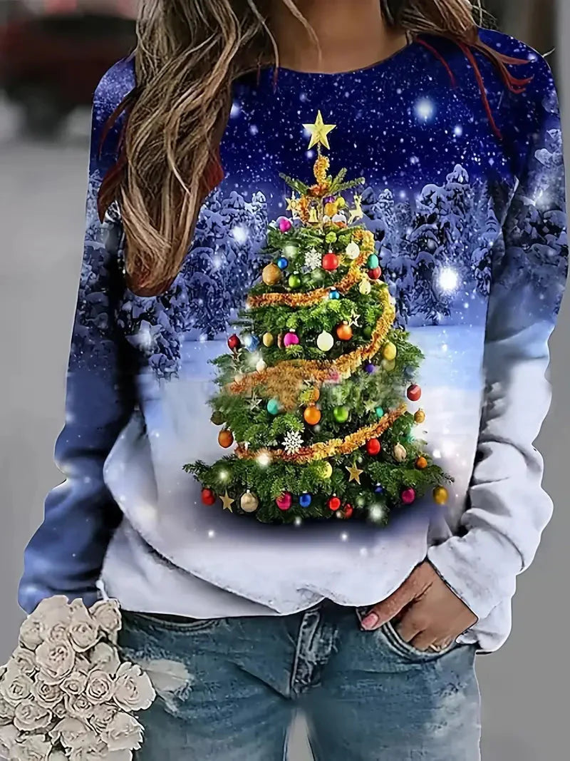 Weihnachts-Sweatshirt – Pullover mit Rundhalsausschnitt, lockerer Passform und Weihnachtsbaum-Print für Damen