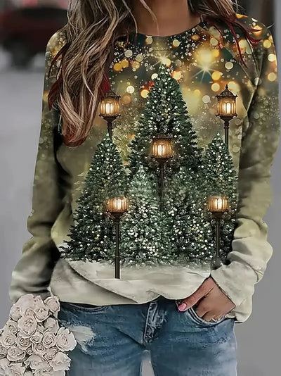 Weihnachts-Sweatshirt – Pullover mit Rundhalsausschnitt, lockerer Passform und Weihnachtsbaum-Print für Damen