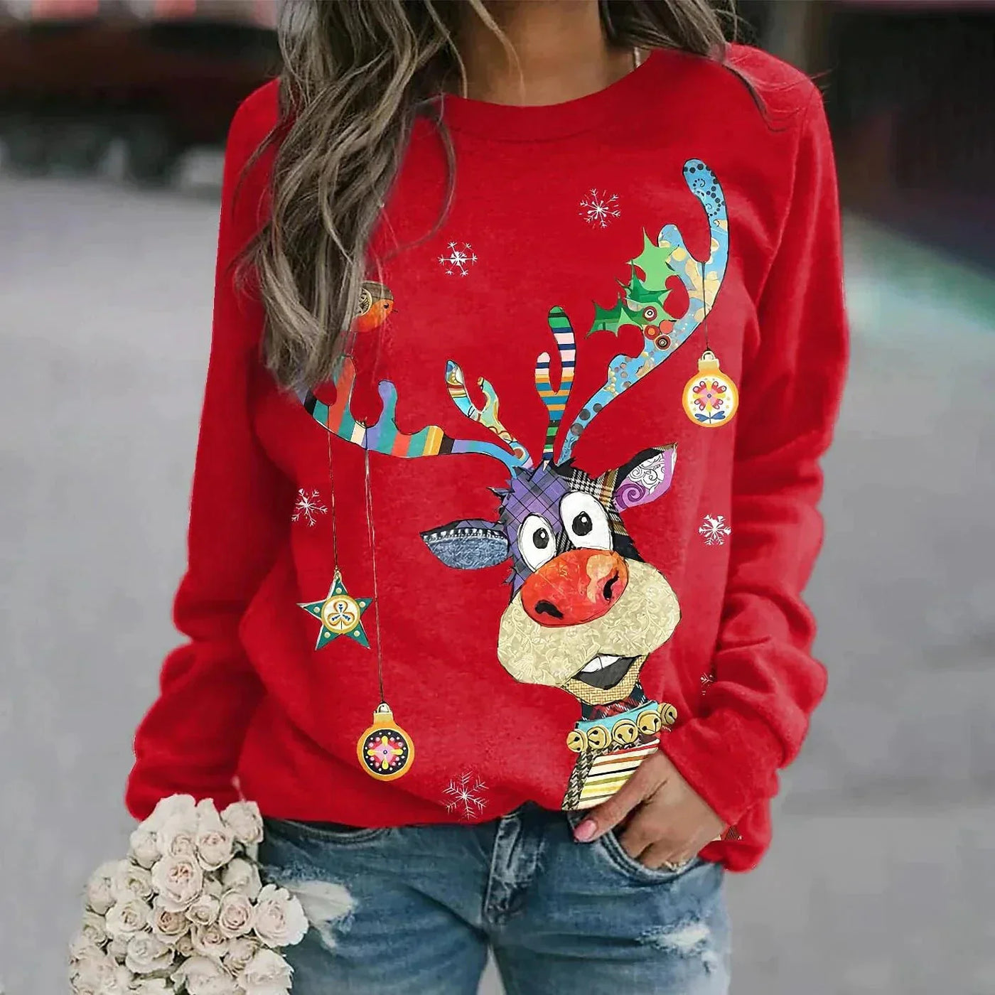 Weihnachtspullover | Langarm | Rundhalsausschnitt | Weihnachtspulli | Winterkleidung für Damen