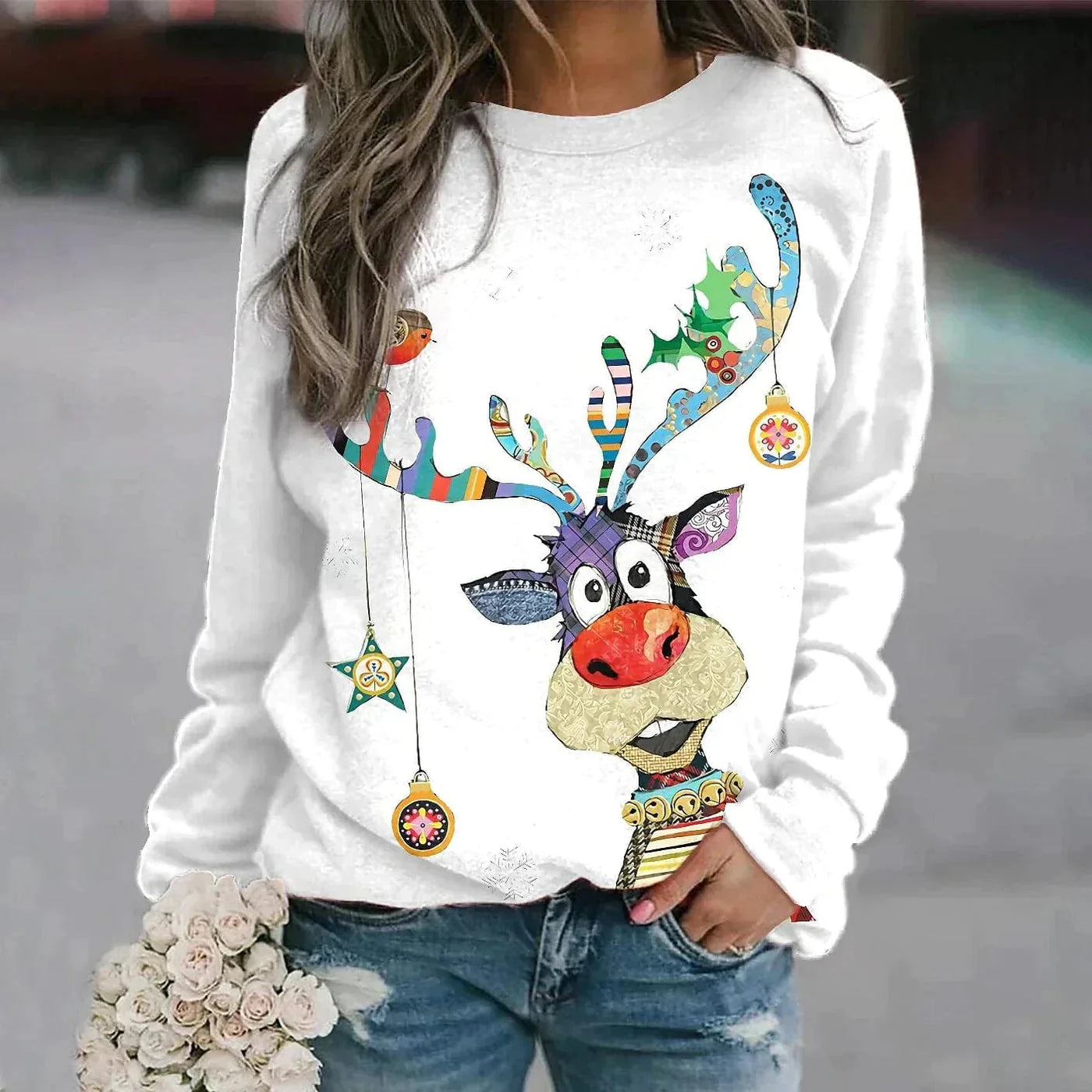 Weihnachtspullover | Langarm | Rundhalsausschnitt | Weihnachtspulli | Winterkleidung für Damen
