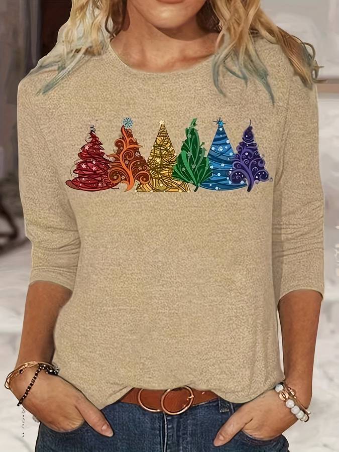Weihnachtspullover – Locker Geschnittenes Langarmshirt Mit Weihnachtsbaum-Motiv für Damen