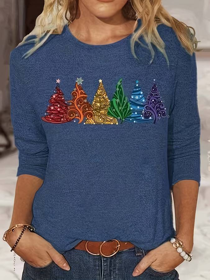 Weihnachtspullover – Locker Geschnittenes Langarmshirt Mit Weihnachtsbaum-Motiv für Damen