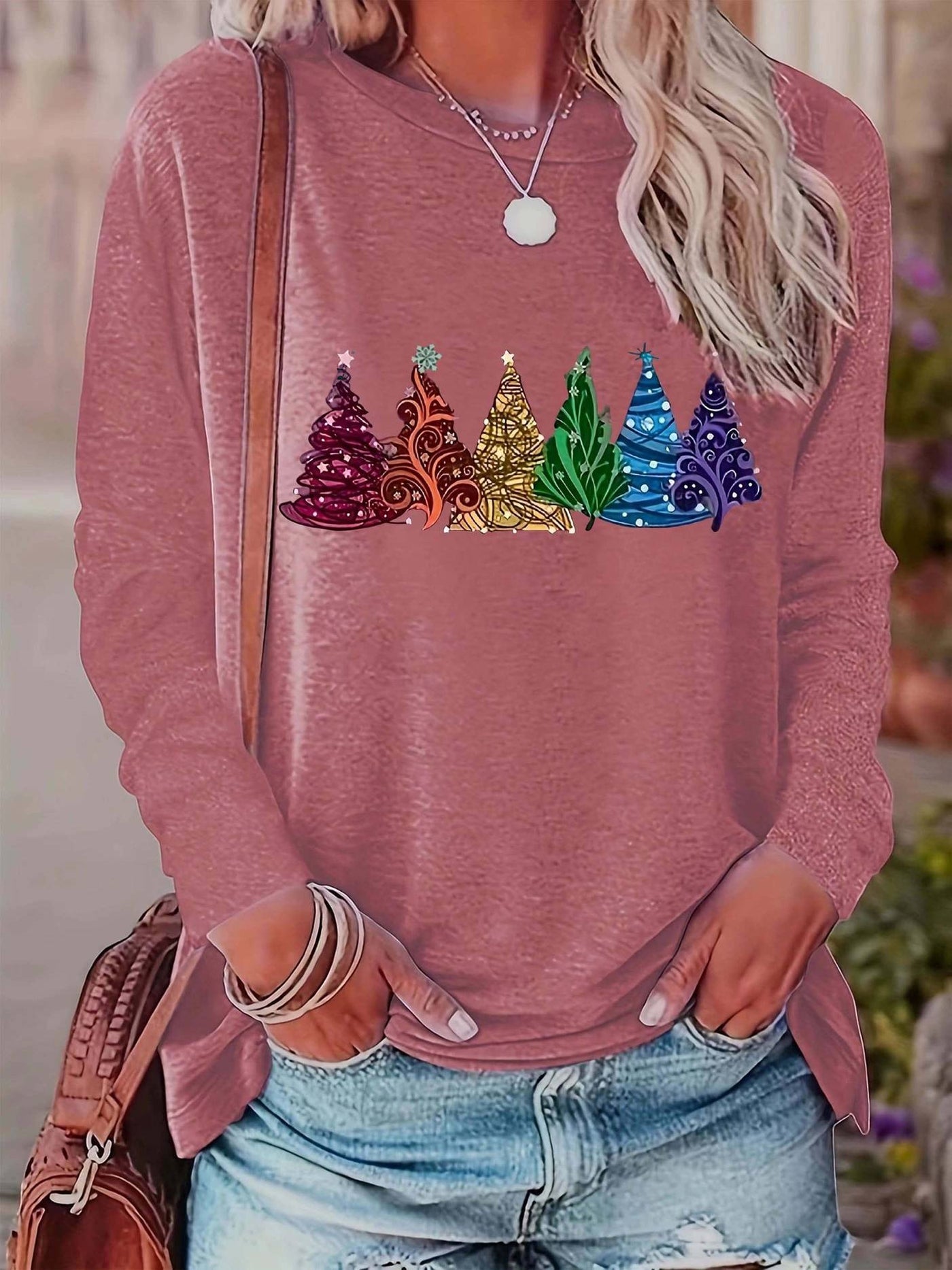 Weihnachtspullover – Locker Geschnittenes Langarmshirt Mit Weihnachtsbaum-Motiv für Damen