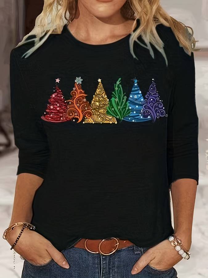 Weihnachtspullover – Locker Geschnittenes Langarmshirt Mit Weihnachtsbaum-Motiv für Damen