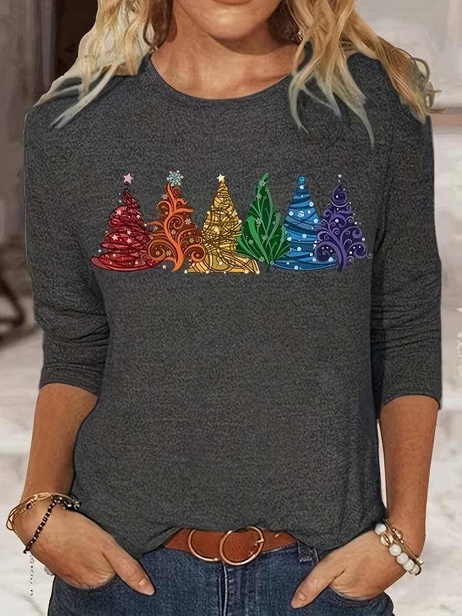 Weihnachtspullover – Locker Geschnittenes Langarmshirt Mit Weihnachtsbaum-Motiv für Damen