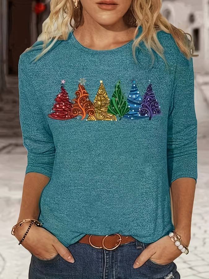 Weihnachtspullover – Locker Geschnittenes Langarmshirt Mit Weihnachtsbaum-Motiv für Damen