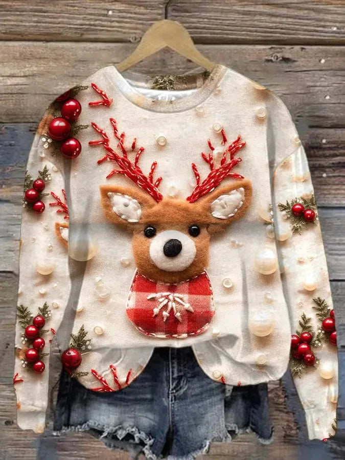 Weihnachtspullover – Locker geschnittener Langarm-Pullover für Frauen mit lustigem Weihnachtsmotiv