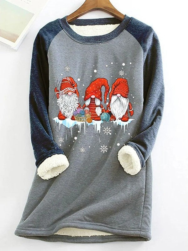 Weihnachtspullover – langer Damen-Fleece-Pullover mit Weihnachtsmann-Aufdruck