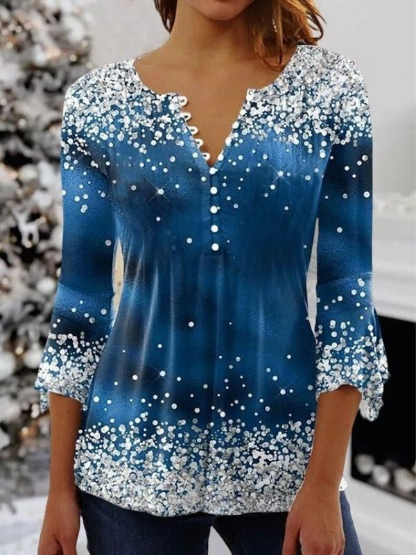 Weihnachtstop – Bluse mit V-Ausschnitt, Schneeflockenmuster und langen Ärmeln für Damen