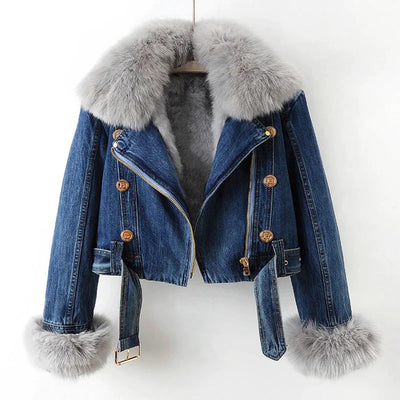 Winter-Jeansjacke | Kunstpelz | Reißverschluss | Kurze Winterjacke | Winterjacken für Damen