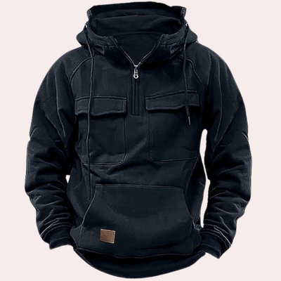 Winter-Kapuzenpullover – Warmer Herren-Kapuzenpullover mit halbem Reißverschluss und Cargo-Print