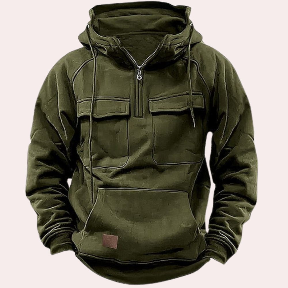 Winter-Kapuzenpullover – Warmer Herren-Kapuzenpullover mit halbem Reißverschluss und Cargo-Print