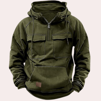 Winter-Kapuzenpullover – Warmer Herren-Kapuzenpullover mit halbem Reißverschluss und Cargo-Print