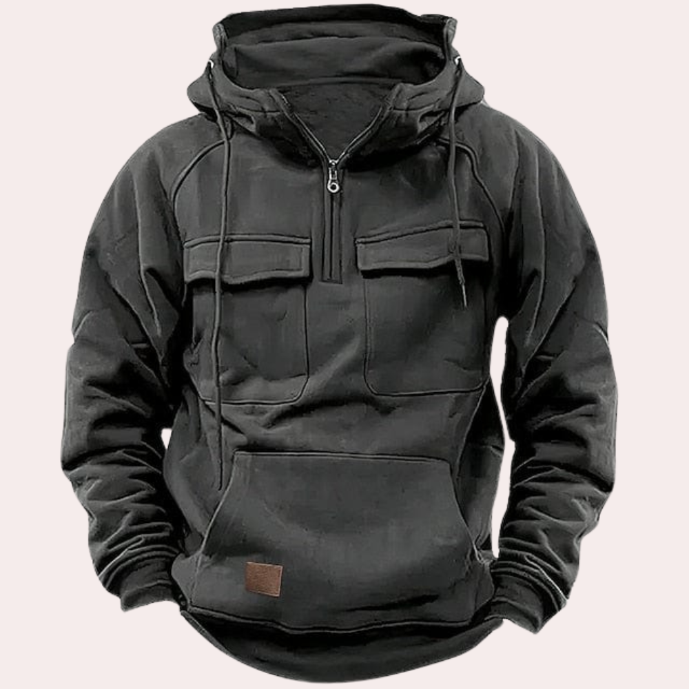 Winter-Kapuzenpullover – Warmer Herren-Kapuzenpullover mit halbem Reißverschluss und Cargo-Print